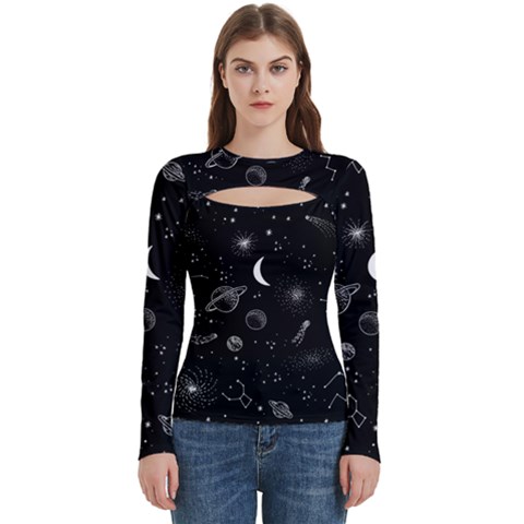 Cosmic Black Space Star Women s Cut Out Long Sleeve T