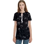 Cosmic Black Space Star Women s Zip Front V-Neck Short Sleeve Casual Top Pocket Shirt