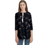 Cosmic Black Space Star Women s Zip Front V-Neck 3/4 Sleeve Casual Top Pocket Shirt