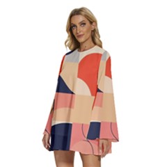 Round Neck Long Sleeve Bohemian Style Chiffon Mini Dress 