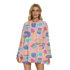 Round Neck Long Sleeve Bohemian Style Chiffon Mini Dress 