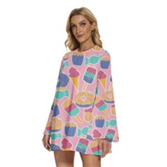 Round Neck Long Sleeve Bohemian Style Chiffon Mini Dress 