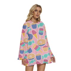 Round Neck Long Sleeve Bohemian Style Chiffon Mini Dress 