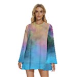 Smokescreen Round Neck Long Sleeve Bohemian Style Chiffon Mini Dress