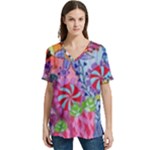 Cabbage Flower Abstract V-Neck Split Shoulder Casual T-Shirt