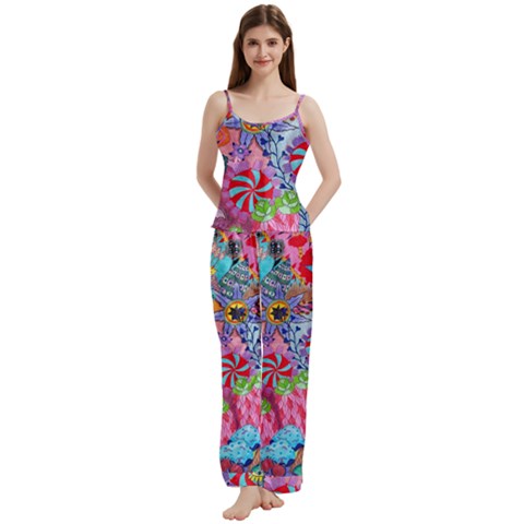 Cabbage Flower Abstract Spaghetti Top Long Pants Satin Pajamas Set from ArtsNow.com