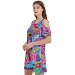 Cabbage Flower Abstract Women s Cold Shoulder Round Neck Mini Dress