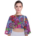 Cabbage Flower Abstract Tie Back Butterfly Sleeve Chiffon Top