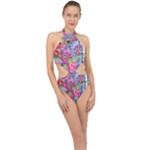 Cabbage Flower Abstract Halter Side Cut Swimsuit