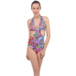 Cabbage Flower Abstract Halter Front Plunge Swimsuit