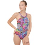 Cabbage Flower Abstract High Neck One Piece Swimsuit