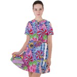 Cabbage Flower Abstract Short Sleeve Shoulder Cut Out Dress 