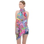 Cabbage Flower Abstract Halter Asymmetric Satin Top