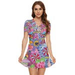 Cabbage Flower Abstract V-Neck High Waist Chiffon Mini Dress