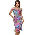 Cabbage Flower Abstract Off Shoulder Ruffle Split Hem Bodycon Dress