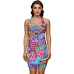 Cabbage Flower Abstract Sleeveless Wide Square Neckline Ruched Bodycon Dress