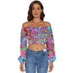 Cabbage Flower Abstract Long Sleeve Crinkled Weave Crop Top