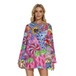 Cabbage Flower Abstract Round Neck Long Sleeve Bohemian Style Chiffon Mini Dress