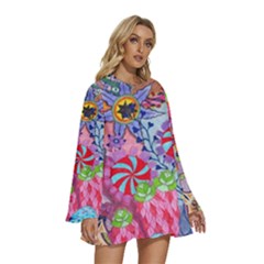 Round Neck Long Sleeve Bohemian Style Chiffon Mini Dress 