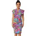 Cabbage Flower Abstract Vintage Frill Sleeve V-Neck Bodycon Dress