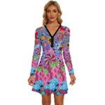 Cabbage Flower Abstract Long Sleeve Deep V Mini Dress 