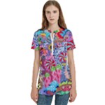 Cabbage Flower Abstract Women s Zip Front V-Neck Short Sleeve Casual Top Pocket Shirt