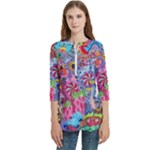 Cabbage Flower Abstract Women s Zip Front V-Neck 3/4 Sleeve Casual Top Pocket Shirt