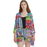 Cabbage Flower Abstract Open Front 3/4 Sleeve Batwing Chiffon Cardigan Kimono