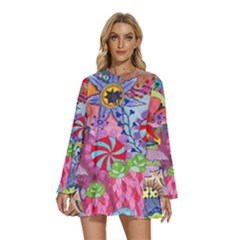 Round Neck Long Sleeve Bohemian Style Chiffon Mini Dress 