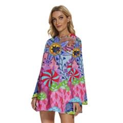 Round Neck Long Sleeve Bohemian Style Chiffon Mini Dress 