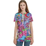 Cabbage Flower Abstract (1) (custom) Women s Zip Front V-Neck Short Sleeve Casual Top Pocket Shirt