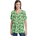 Leaves Pattern Texture Seamless V-Neck Split Shoulder Casual T-Shirt