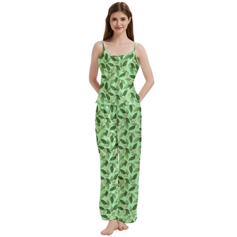 Leaves Pattern Texture Seamless Spaghetti Top Long Pants Satin Pajamas Set from ArtsNow.com