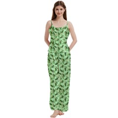 Leaves Pattern Texture Seamless Spaghetti Top Long Pants Satin Pajamas Set from ArtsNow.com