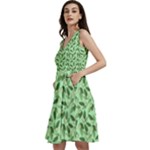 Leaves Pattern Texture Seamless Sleeveless V-Neck Skater Dress with Pockets