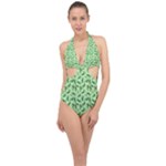 Leaves Pattern Texture Seamless Halter Front Plunge Swimsuit