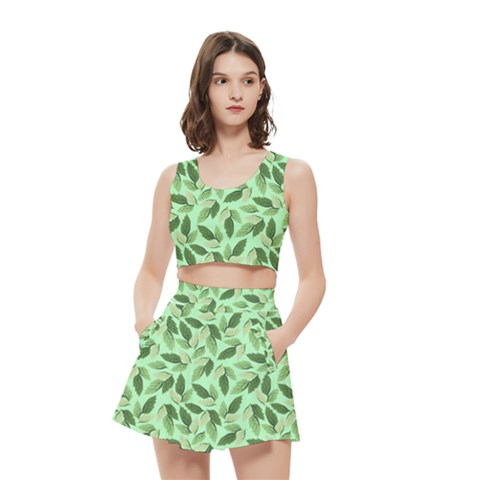 Leaves Pattern Texture Seamless Women s Crop Top Pleated Skater Rave Skirt from ArtsNow.com