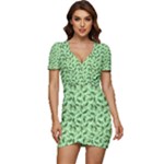 Leaves Pattern Texture Seamless Low Cut Cap Sleeve Mini Dress