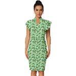 Leaves Pattern Texture Seamless Vintage Frill Sleeve V-Neck Bodycon Dress