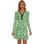 Leaves Pattern Texture Seamless Long Sleeve Deep V Mini Dress 