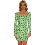 Leaves Pattern Texture Seamless Long Sleeve Square Neck Bodycon Velvet Dress