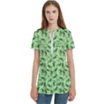 Leaves Pattern Texture Seamless Women s Zip Front V-Neck Short Sleeve Casual Top Pocket Shirt