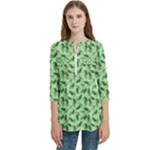 Leaves Pattern Texture Seamless Women s Zip Front V-Neck 3/4 Sleeve Casual Top Pocket Shirt