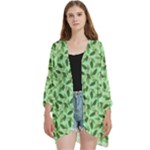 Leaves Pattern Texture Seamless Open Front 3/4 Sleeve Batwing Chiffon Cardigan Kimono