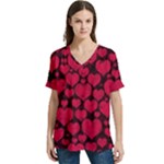 Valentines Day Hearts Pattern Love Red V-Neck Split Shoulder Casual T-Shirt