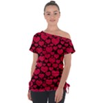 Valentines Day Hearts Pattern Love Red Off Shoulder Tie-Up T-Shirt