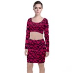 Valentines Day Hearts Pattern Love Red Long Sleeve Crop Top & Bodycon Skirt Set