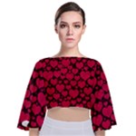 Valentines Day Hearts Pattern Love Red Tie Back Butterfly Sleeve Chiffon Top