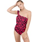 Valentines Day Hearts Pattern Love Red Frilly One Shoulder Swimsuit