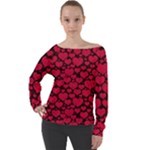 Valentines Day Hearts Pattern Love Red Off Shoulder Long Sleeve Velour Top